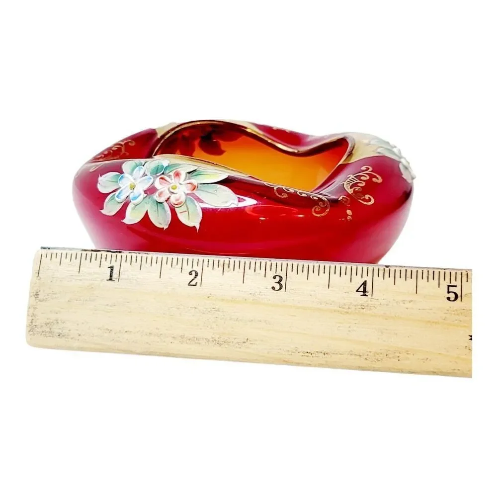 Vtg Hand Painted Bohemian Czech Ruby Red 22K‎ Gold Dish Ashtray Enamel Flowers